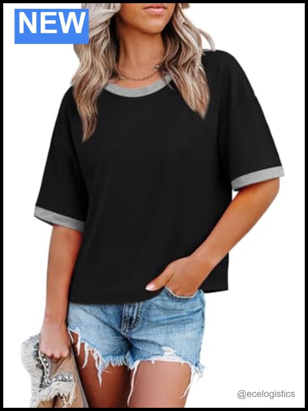 Oversized Color Block Short Sleeve T-Shirt Loose Fit Crew Neck
